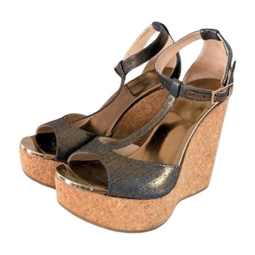 Jimmy Choo Metallic Denim Wedge‎ Sandals Indigo Gold Size 39 - Picture 8 of 9